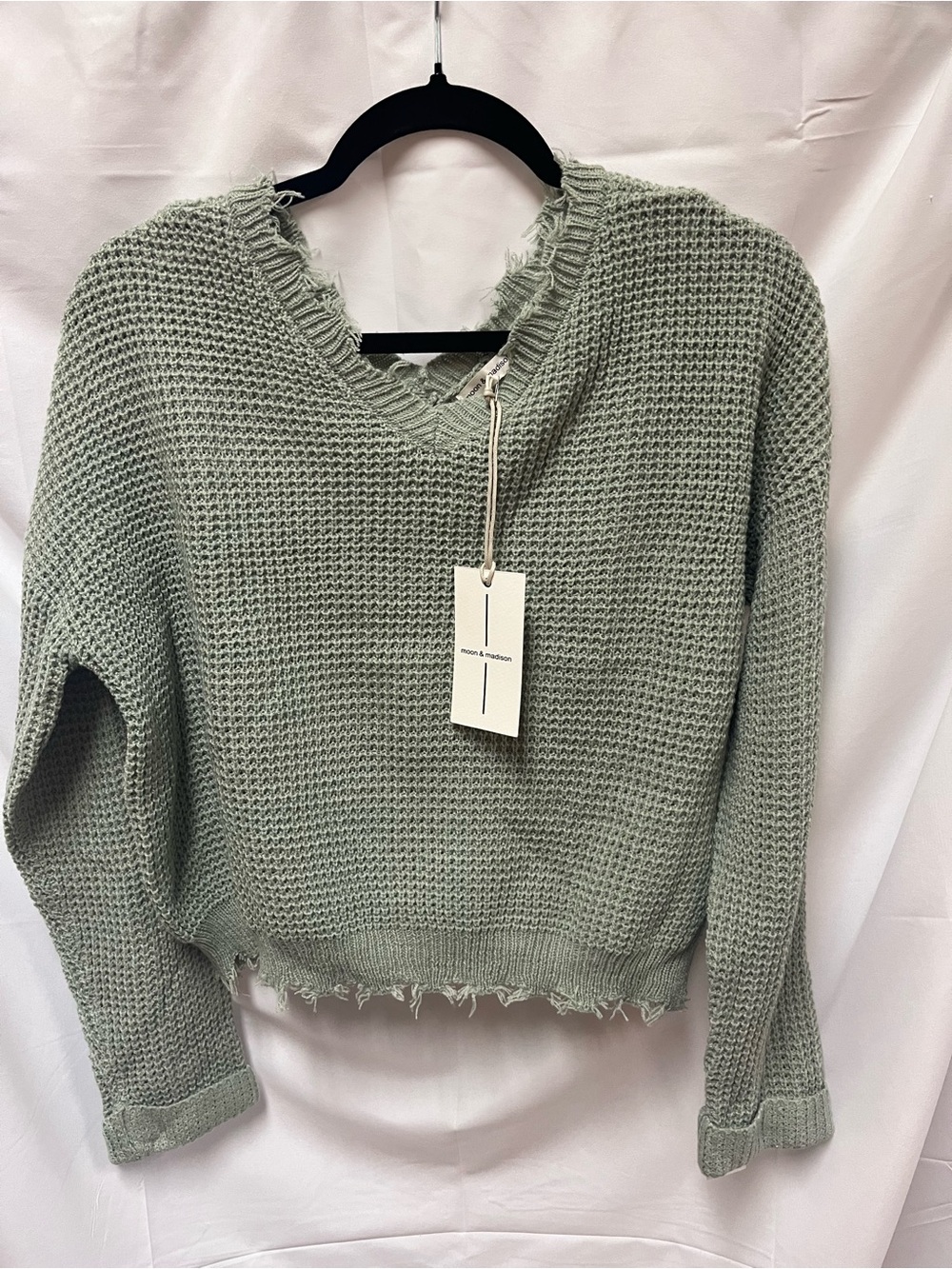 moon & madison Sage Green Frayed V-Neck Waffle Knit Sweater